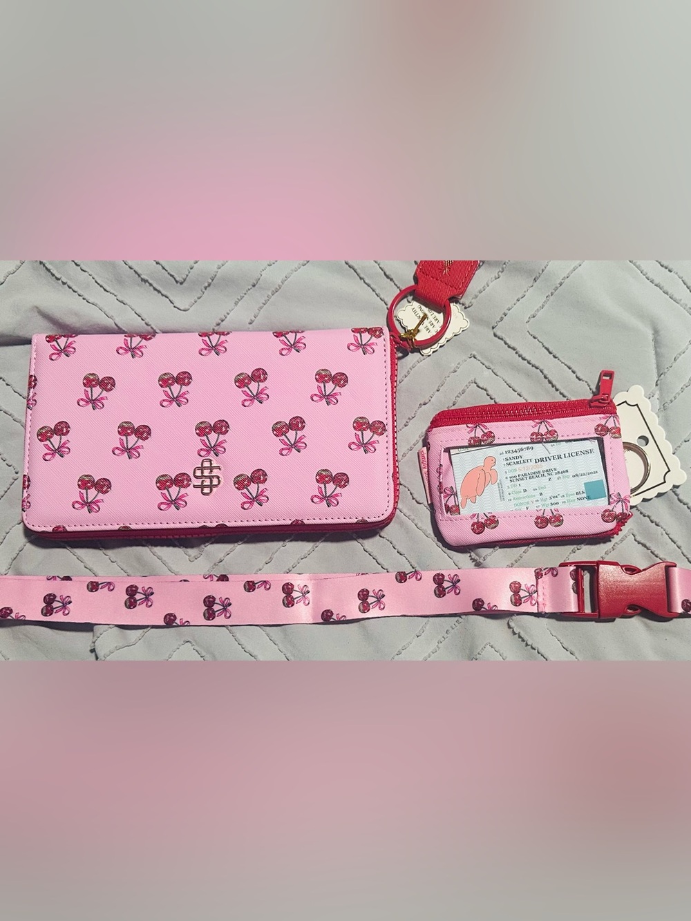 Pink Cherry Print Wallet, Key chain ID holder, and lanyard set